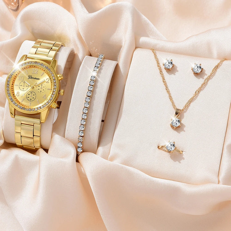 6PCS Set Luxury Watch Women Ring Necklace Earrings Rhinestone Fashion Wristwatch Female Casual Ladies Watches Bracelet Set Clock - mariaestalocashop