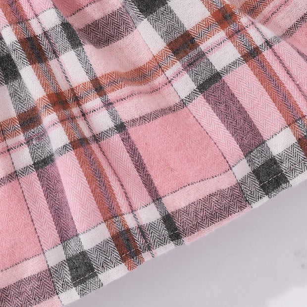Summer Newborn Girl Fashion Princess Dress Pink Stripe Flip Collar Flying Edge Sleeves Checkered Print Bow Dress 3-24M