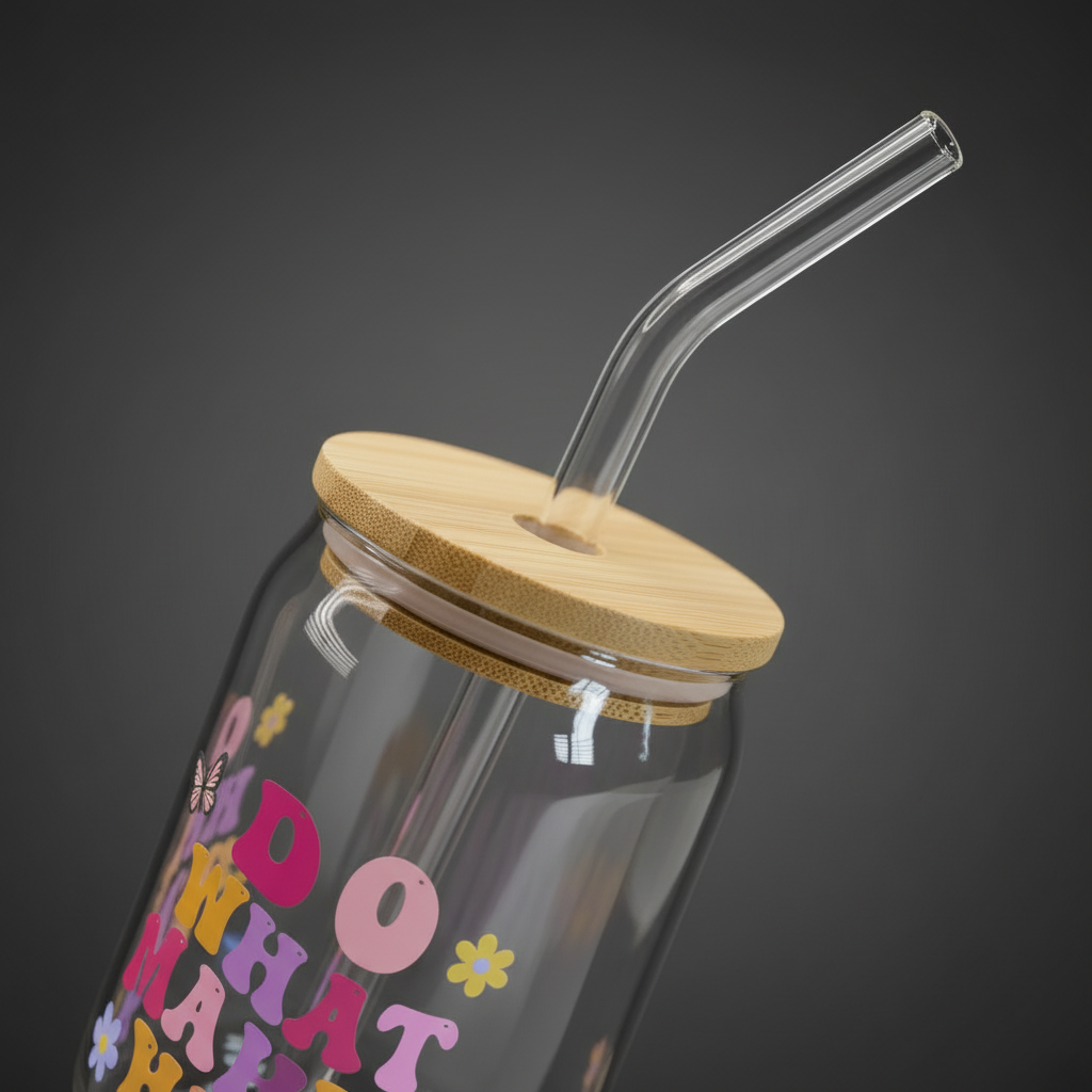 Glass Can Cup with Bamboo Lid & Glass Straw - mariaestalocashop