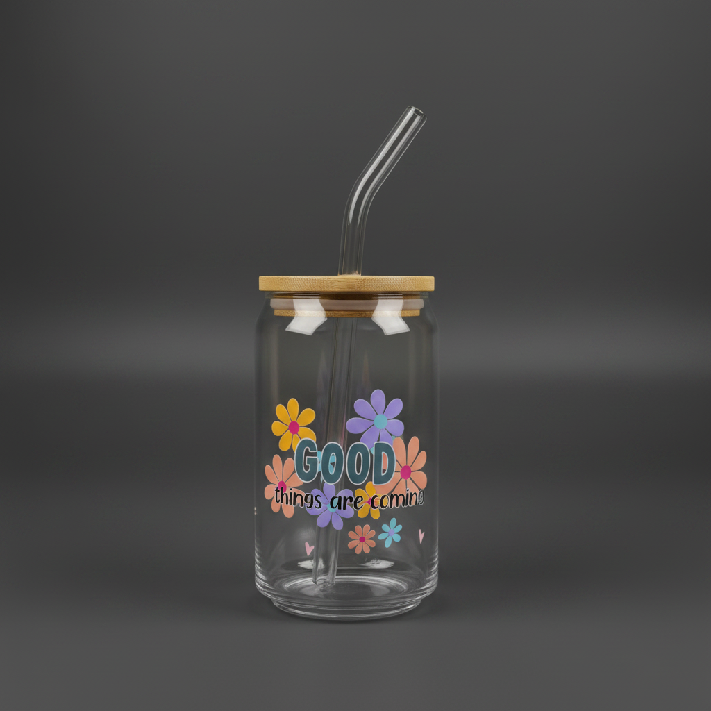 Glass Can Cup with Bamboo Lid & Glass Straw - mariaestalocashop