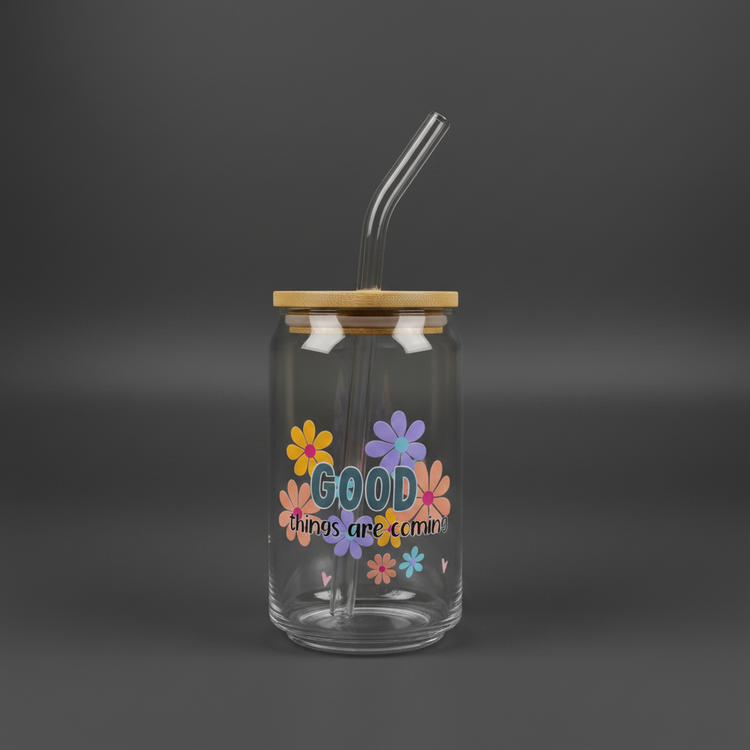 Glass Can Cup with Bamboo Lid & Glass Straw - mariaestalocashop