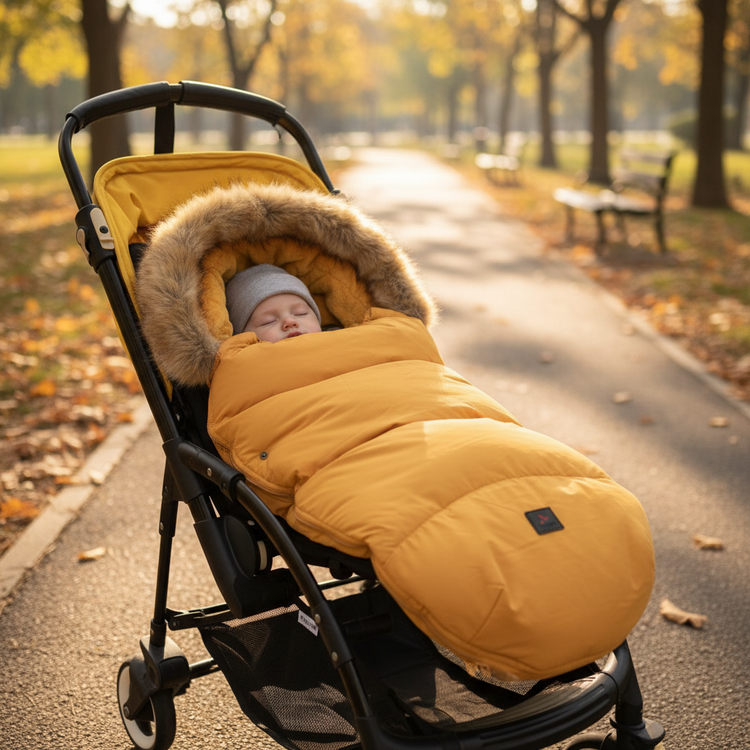 Baby stroller sleeping bag lifestyle photo in park
