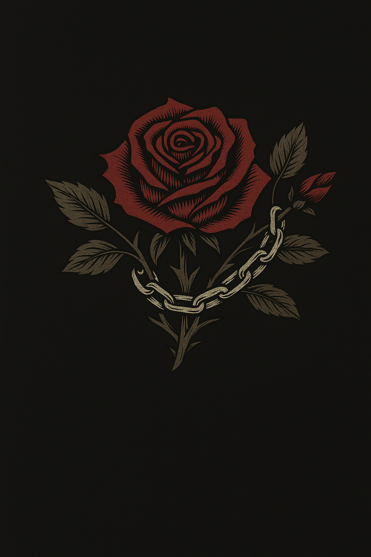 Logotipo de MaríaEstáLoca: rosa roja oscura con espinas y cadena dorada