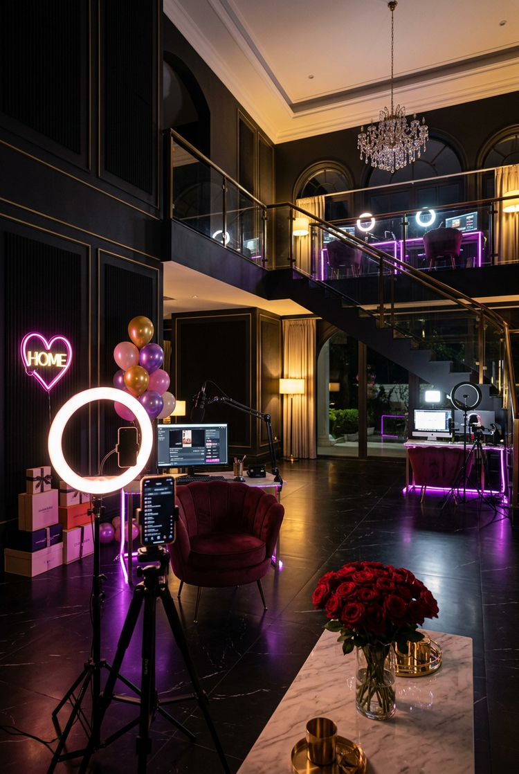 Casa de creadores de lujo con estaciones de streaming, aros de luz, rosas rojas y un letrero de neón HOME