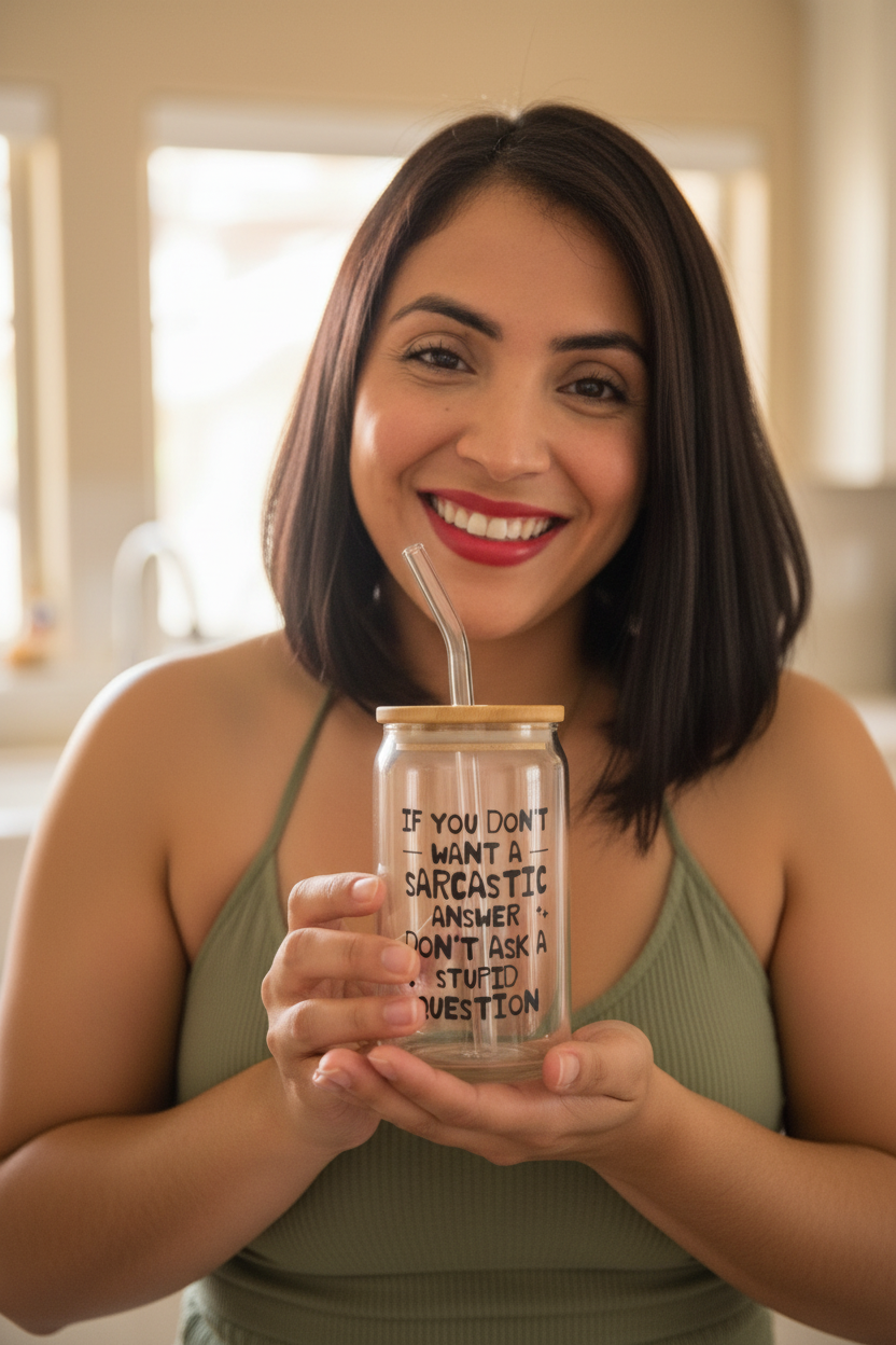 Glass Can Cup with Bamboo Lid & Glass Straw - mariaestalocashop