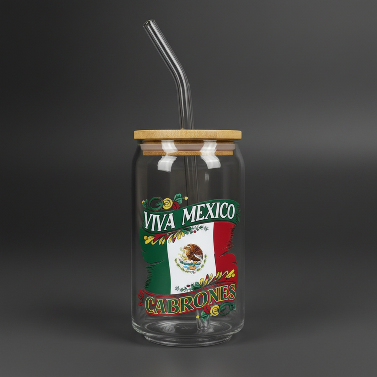 Glass Can Cup with Bamboo Lid & Glass Straw - mariaestalocashop