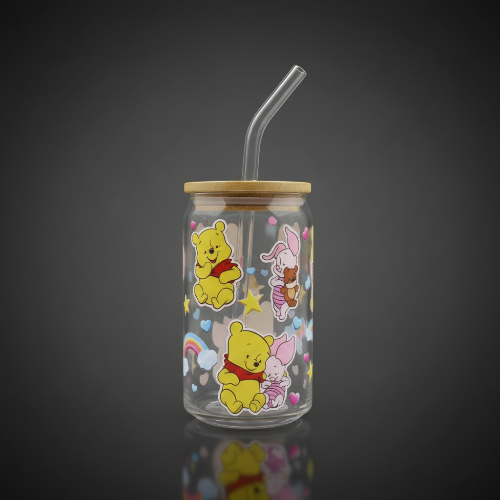Glass Can Cup with Bamboo Lid & Glass Straw - mariaestalocashop