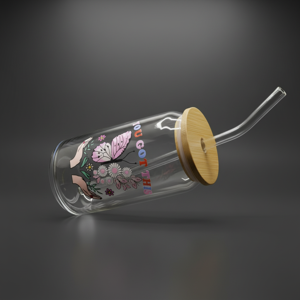 Glass Can Cup with Bamboo Lid & Glass Straw - mariaestalocashop